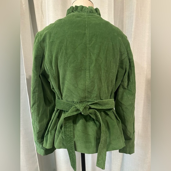 LL Bean Ruffled Corduroy Jacket Womens Size 12 Green Grass Belted Button Up - Picture 6 of 11